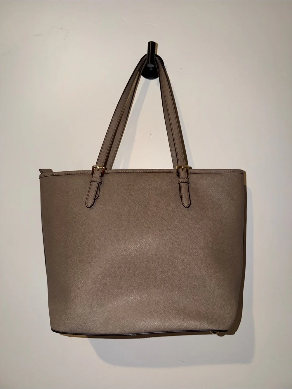 Michael Kors Taupe Leather Saffiano Tote with Gold Charm like new